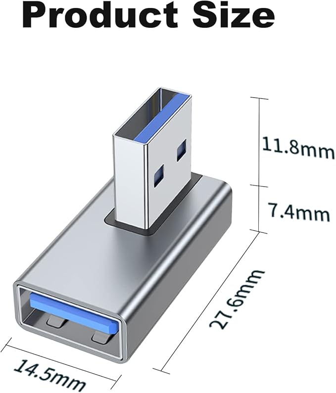 AreMe 90 Degree USB 3.0 Adapter 2 Pack, Left and Right Angle USB A Male to Female Converter Extender for PC, Laptop, USB A Charger, Power Bank and More (Grey)