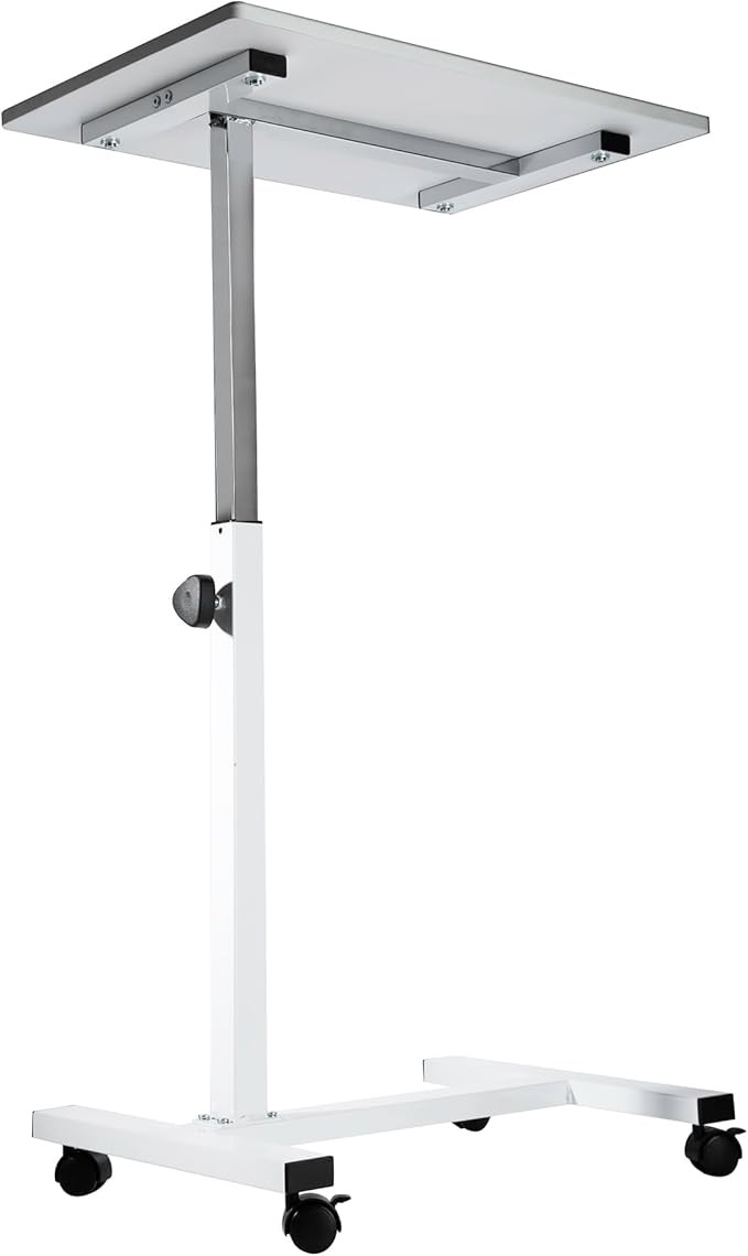 Seville Classics Solid-Top Height Adjustable Mobile Laptop Computer Desk Cart Ergonomic Home Office Stand Rolling Table, Overbed (23.6"), White