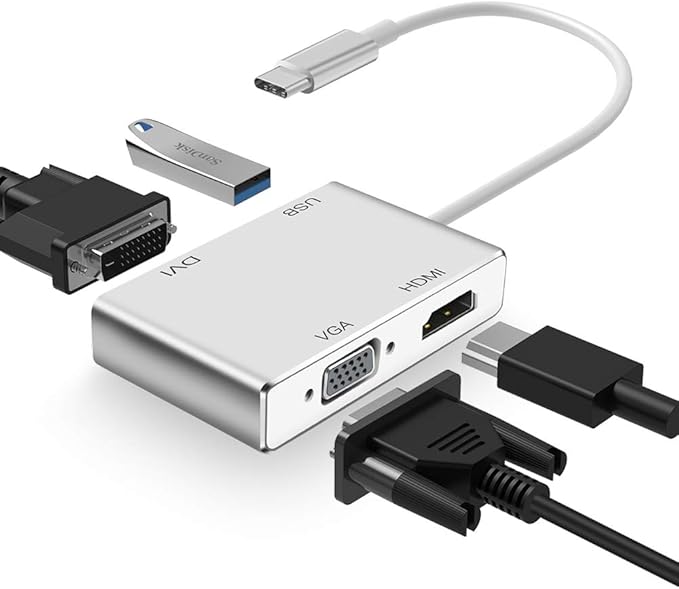 Weton USB C to HDMI DVI VGA Adapter, 4 in 1 USB-C hub to 4K HDMI, VGA, DVI Video Adapter, Male to Female Multi-Display Video Converter Monitors Connector for Mac Pro, MacBook Air, iPad Pro, XPS, etc
