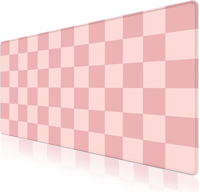 Checkered Pattern Desk Pad Mouse Pad, Large Gaming Mouse Mat with Stitched Edges, Waterproof Rubber Base Mous Mat for Office Computer Keyboard Laptop Home Decor Women (35.4X17.5 inch), Pastel Pink