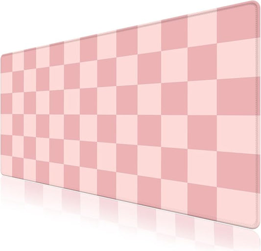 Checkered Pattern Desk Pad Mouse Pad, Large Gaming Mouse Mat with Stitched Edges, Waterproof Rubber Base Mous Mat for Office Computer Keyboard Laptop Home Decor Women (35.4X17.5 inch), Pastel Pink