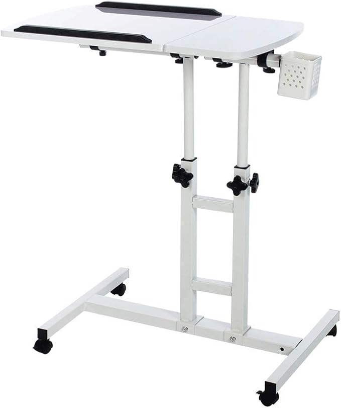 Adjustable Laptop Desk with Wheels, Overbed Bedside Desk, Wheels Height Adjustable Desk Cart,Standing Laptop Desk,Moveable Laptop Stand,Tilting Over Bed Table,Rolling Laptop Stand-White.
