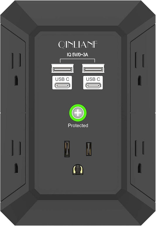 USB Wall Charger, Surge Protector, QINLIANF 5 Outlet Extender with 4 USB Charging Ports(2U2C) 3-Sided 1680J Power Strip Multi Plug Outlets Wall Adapter Spaced for Home Travel Office,Black
