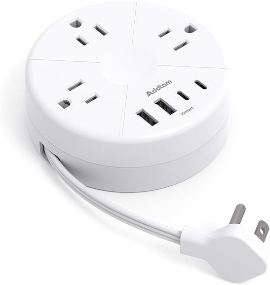 Addtam Travel Esstentials - Cruise Approved Power Strip with 5ft Retractable Cord, Ultra Thin Flat Plug, 3 Outlets 4 USB (2 USB C), Non Surge Protector for Travel/Cruise/Home/Dorm/Office, ETL Listed