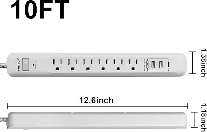 2 Pack Power Strip Surge Protector - 6 Outlets 3 USB Charging Ports (1 USB C), 10Ft Extension Cord, Flat Plug, Overload Protection, Wall Mount for Office Home, Dorm Room White