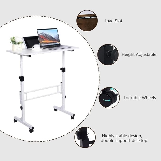 Adjustable Height Rolling Standing Desk with Lockable Wheels,Compact Laptop Desk for Home Office, Dorm, or Bedroom - 15.75" x31.5” - White