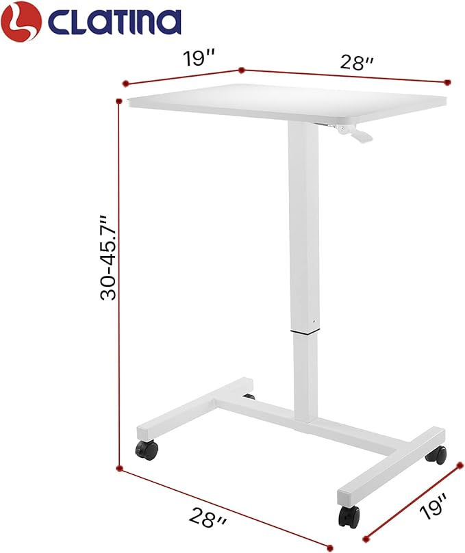CLATINA Mobile Laptop Desk Pneumatic Sit to Stand Table Height Adjustable Rolling Cart with Lockable Wheels for Home Office Computer Workstation 28" x 19" White Round Edge Design Elegant