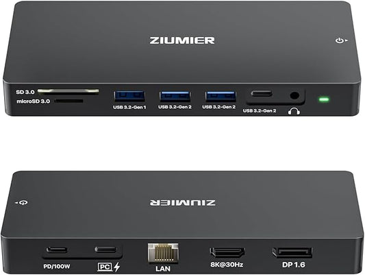 ZIUMIER USB C Docking Station Dual Monitor, 12 in 1 Laptop Docking Station - Single 8K or Dual 4K Displays, 1 HDMI, 1 DP, 100W PD, 3x10Gbps USB-A/C Data, 5Gbps USB-A Data, Ethernet, Audio, SD/Micro SD