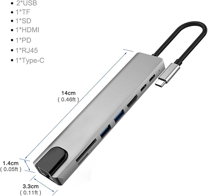 USB C Hub Adapter Laptop Docking Station 8 in 1 USBC Dongle to 4K HDMI,Ethernet,2 USB,Type-C,SD TF Card Reader,PD 100W Compatible with iPhone16/MacBook/Dell and Other Type C Laptops Device