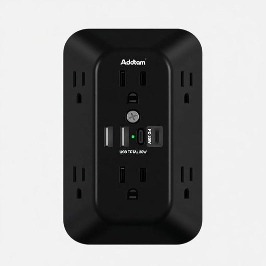 Addtam Surge Protector Outlet Extender, 6-Outlet Splitter with 4 USB Wall Charger(PD 20W), Multi Plug Wall Outlet 1800J Power Strip for Home Office Dorm Room Essentials, Black