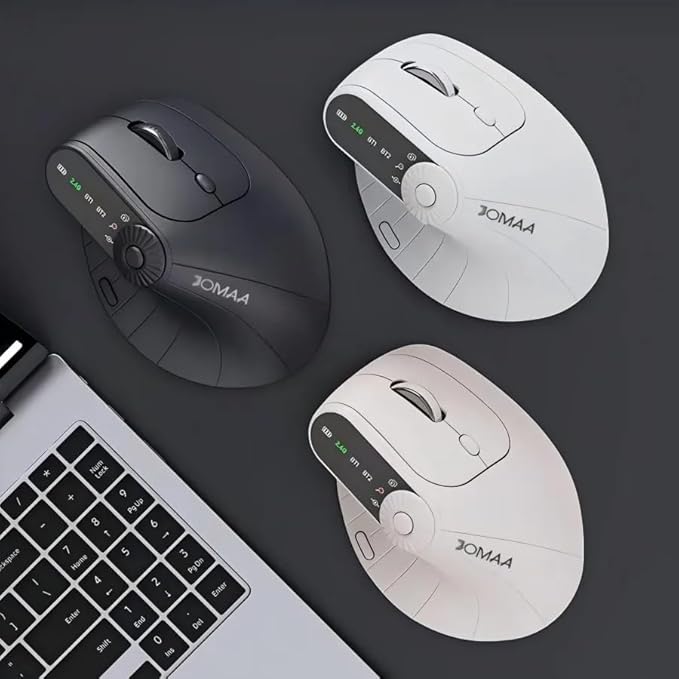 JOMAA Wireless 2.4G & Dual Bluetooth Three-Channel Ergonomic Vertical Mouse Adjustable DPI, Multi-Function Turntable for PC, Laptop, MacBook, Rechargeable (Black)
