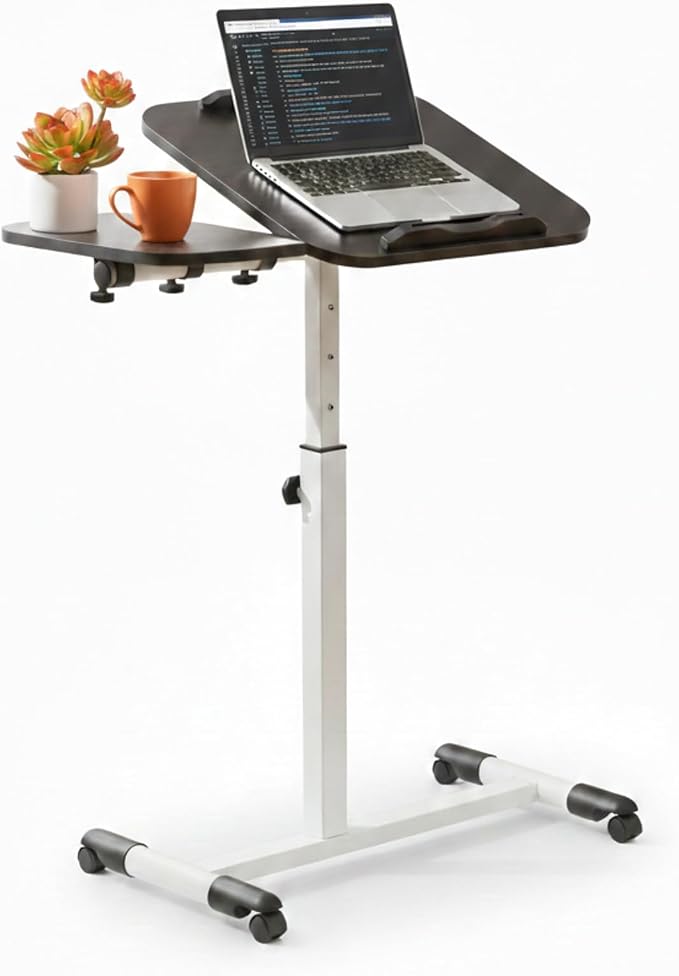 Japard Portable Computer Desk with Wheels, Mobile Laptop Stand, Rolling TV Tray Table, Computer Desk, 360° Rotatable Overbed, Home Office, Black White