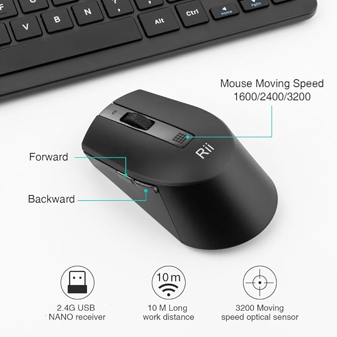 Rii RKM709 2.4 Gigahertz Ultra-Slim Wireless Keyboard and Mouse Combo, Multimedia Office Keyboard for PC, Laptop and Desktop,Business Office(Black)-New
