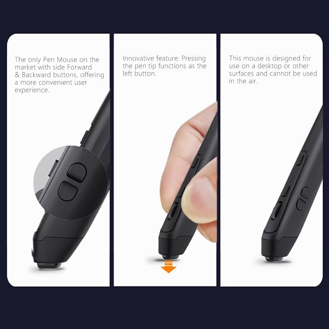 Plima Ergonomic Pen Mouse 2.0 - Dual Mode Bluetooth & 2.4G Wireless Optical Stylus Natural Pen-Tip Press-to-Click Design Pocket-Sized for Laptop, iWindows 7/8/10/11, Android, Linux, Mac OS(Black)