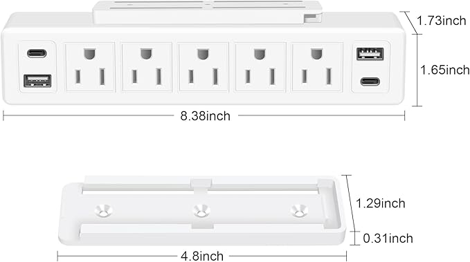 40W Under Desk Power Strip Mountable,20W USB-C Fast Charging Flat Plug Power Strip Surge Protector 1200J,9 in 1 Desk Outlet,5 Outlets,2 USB-C,2 USB-A,6FT Extension Cord White