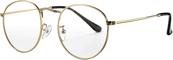 HJSTES Round Blue Light Glasses for Women Men Retro Circle Clear Lens Metal Frame Eyeglasses