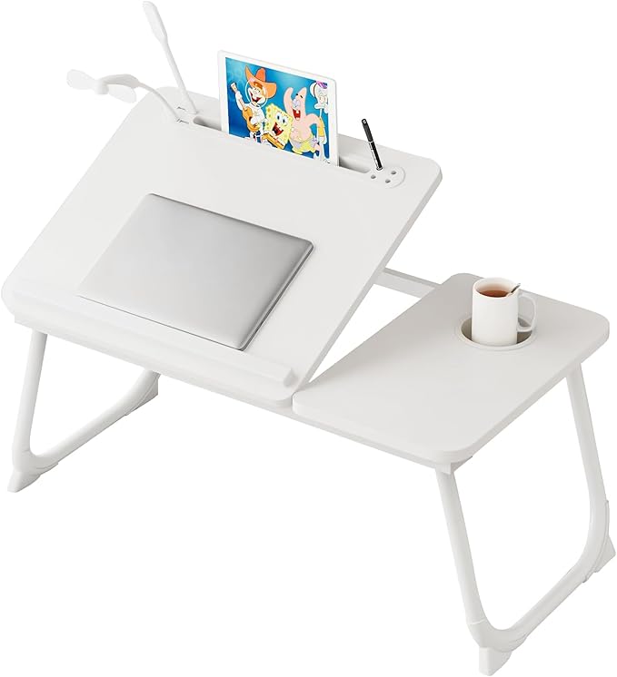 Laptop Desk for Bed, Adjustable Laptop Stand with 5 Different Angles, Portable Lap Tray Table with USB Charge Port and Cup Holder, Laptop Bed Desk Tray for Eating Working Writing (White)