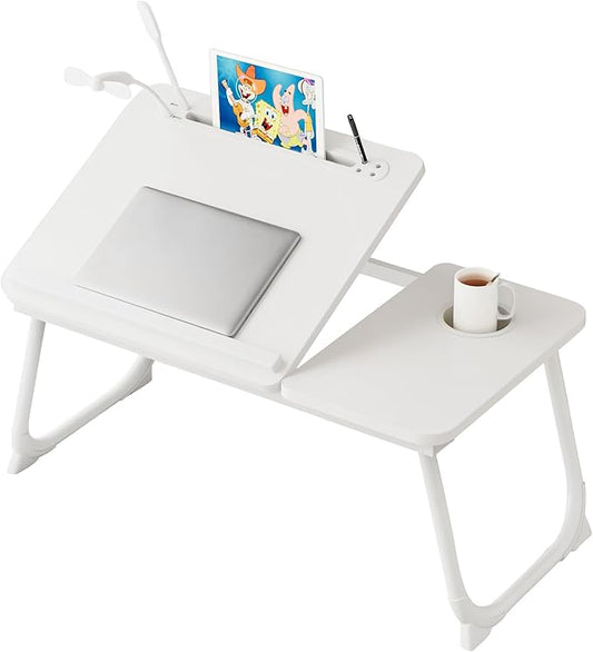 Laptop Desk for Bed, Adjustable Laptop Stand with 5 Different Angles, Portable Lap Tray Table with USB Charge Port and Cup Holder, Laptop Bed Desk Tray for Eating Working Writing (White)