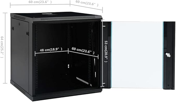 12U Wall Mount Network Cabinet 19 Inch Data Enclosure, 23.6 x 23.6 x 25.2 Inch Server Rack with Lockable Toughened Glass Door, Removable Side Panels for Home Office IT Equipment, Black