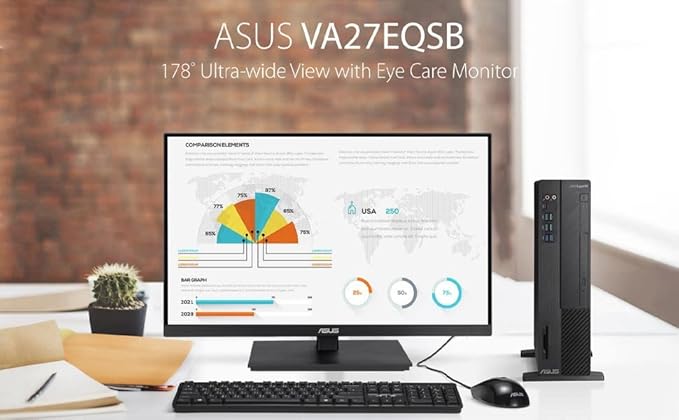 ASUS 27” 1080P Monitor (VA27EQSB) - Full HD, IPS, 75Hz, Adaptive-Sync, Speakers, Eye Care, Low Blue Light, Flicker Free, DisplayPort, HDMI, USB Hub, D-Sub, Frameless, Wall Mountable, Height Adjustable