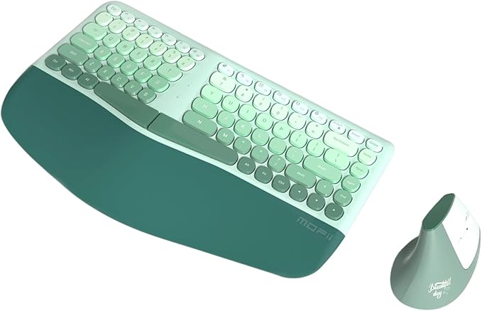 Wireless Keyboard and Mouse Combo, 84-Key Ergonomic Membrane Keyboard Curved Split Keys with Wrist Rest & 6-Key Vertical Mouse, Cordless Set for Win/Mac, Mint Green (AAA Batteries Included)