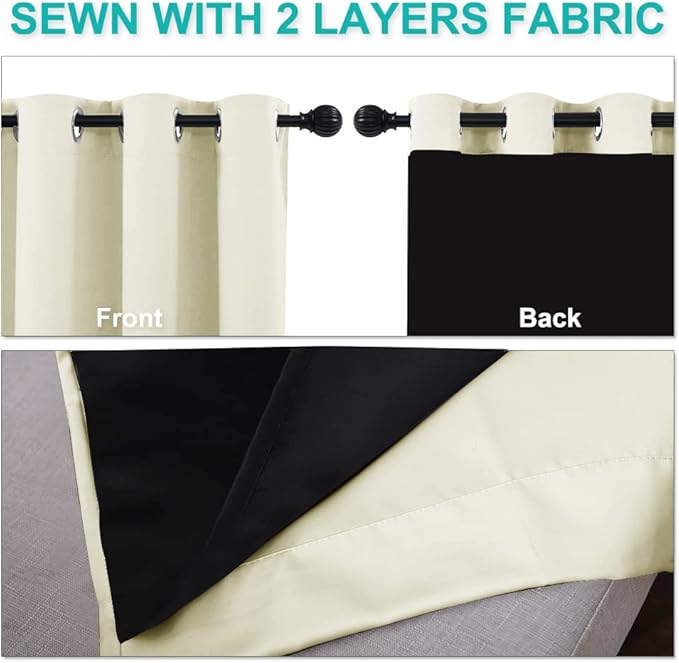 NICETOWN Living Room Completely Shaded Draperies, Privacy Protection & Noise Reducing Ring Top Drapes, Black Lined Insulated Window Treatment Curtain Panels (Beige, 2 Pieces, W37 x L40)