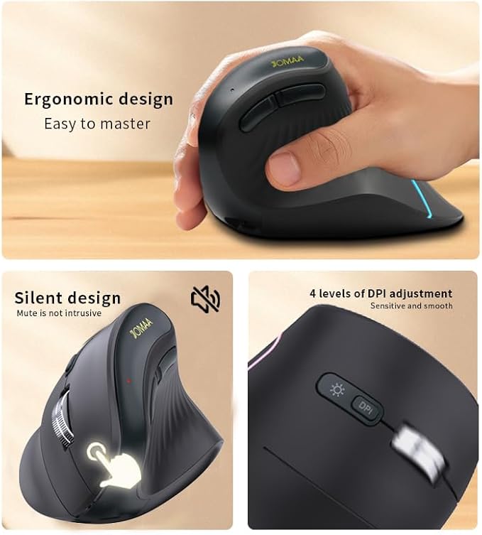 JOMAA Wireless Vertical Mouse, Multi-Device Bluetooth 5.2 & 2.4G Ergonomic Mouse with RGB Lighting, 4000 CPI, 500mAh Rechargeable, for Laptop, PC, Computer, Mac, Windows,Android, Desktop