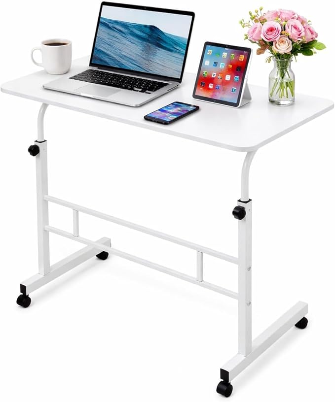 Mobile Standing Desk Adjustable Height for Laptop – Small Rolling Desk & Portable Table on Wheels – Small Standing Table with Wheels for Home Office (White)