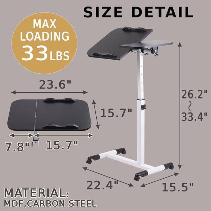 Japard Portable Computer Desk with Wheels, Mobile Laptop Stand, Rolling TV Tray Table, Computer Desk, 360° Rotatable Overbed, Home Office, Black White