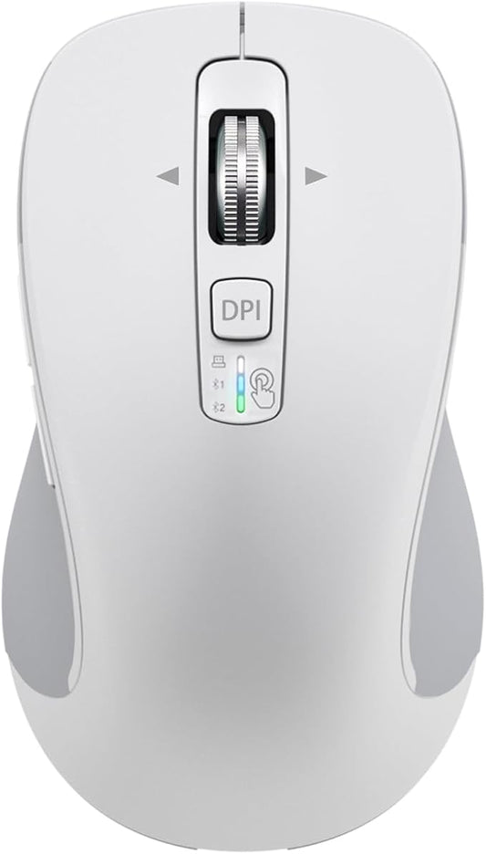 Wireless Bluetooth Mouse (USB + BT1 + BT2), Full Size, 4-Way Scrolling, Multi-Device Silent Mouse for Computer, Laptop, iPad, MacBook (White)