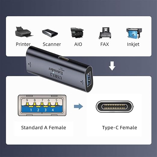 xiwai 5Gbps USB 3.0 Type-A Female Host to Type-C Female Active Repeater Extender Signal Amplifier Adapter with Chipset for Printer Camera Computer