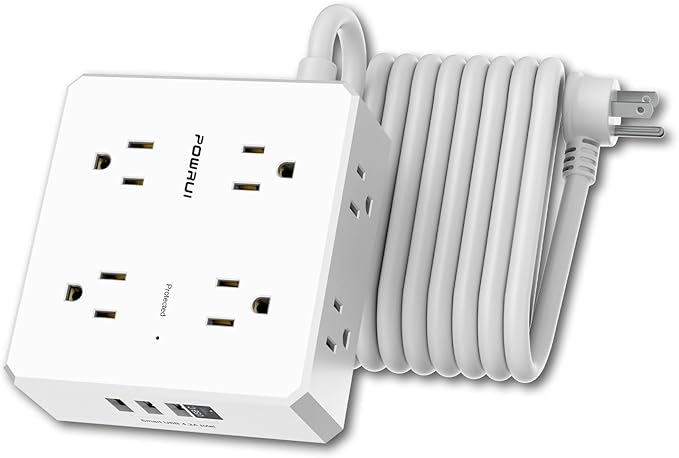 Surge Protector Power Strip - 15 Ft Flat Plug Extension Cord with 8 Widely Outlets and 4 USB Ports(1 USB C), 3 Side Outlet Extender for Home Office, White, ETL Listed