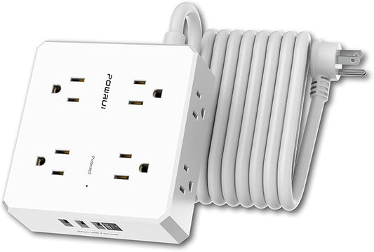 Surge Protector Power Strip - 15 Ft Flat Plug Extension Cord with 8 Widely Outlets and 4 USB Ports(1 USB C), 3 Side Outlet Extender for Home Office, White, ETL Listed