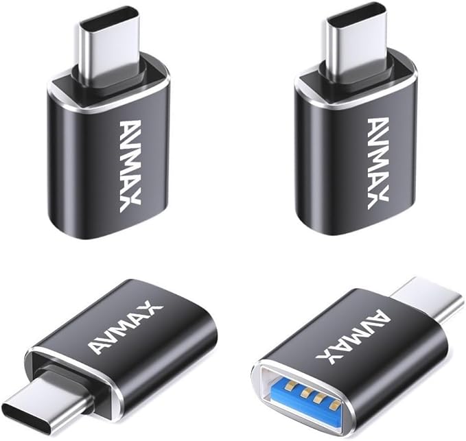 AVMAX USB C to USB A Adapter 4 Pack, USBC Male to USB A 3.0 Female OTG Adapter, Type C Male to Type A Female 3.0 OTG Adapter for Apple iPhone 16 15, Flash Thumb Drive,Mac,iPad,Samsung Galaxy