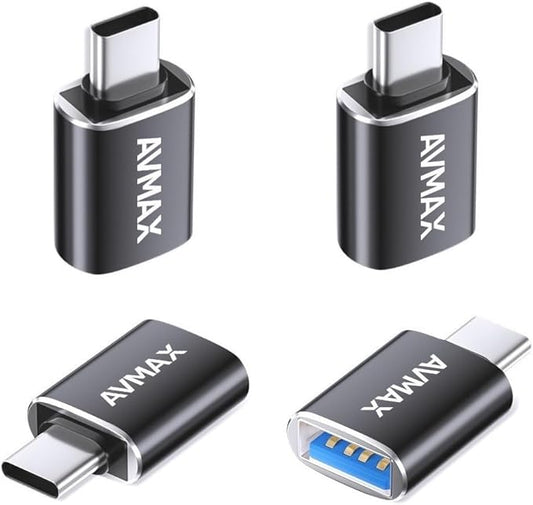 AVMAX USB C to USB A Adapter 4 Pack, USBC Male to USB A 3.0 Female OTG Adapter, Type C Male to Type A Female 3.0 OTG Adapter for Apple iPhone 16 15, Flash Thumb Drive,Mac,iPad,Samsung Galaxy