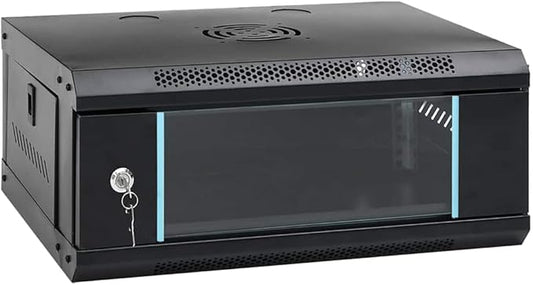 4U Wall Mounted Network Cabinet, 19 Inch Server Data Rack, IP20 Enclosure with Lockable Toughened Glass Door, Cold-Rolled Steel Network Equipment Storage, 20.9 x 15.7 x 8.3 Inches