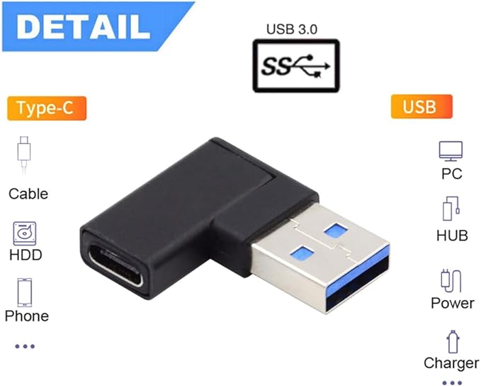 NFHK USB-C Type C Female to USB 3.0 A Male Data Adapter Flat Horizontal 90 Degree Left Angled for Laptop Desktop