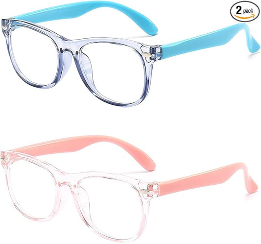 2 Pack kids Blue Light Blocking Glasses For Girls And Boys Computer Blue Light Blocking Glasses For Age 3-11 (Light blue + Light pink)