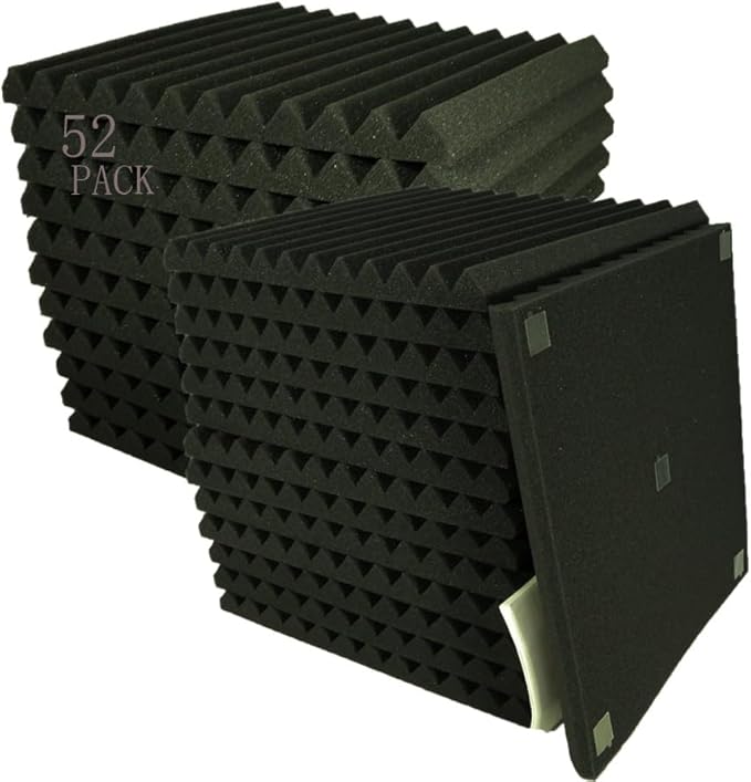 52 Pack 12 "X 12 "X1" Acoustic Panels Studio Soundproofing Foam Wedge Tiles, (52BLACK)