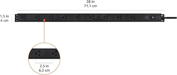 Amazon Basics Surge Protector Power Strip, 9-Outlet, Heavy Duty, Metal, 600 Joules, 6ft Extension Cord, Mountable, Wide Spaced, Black