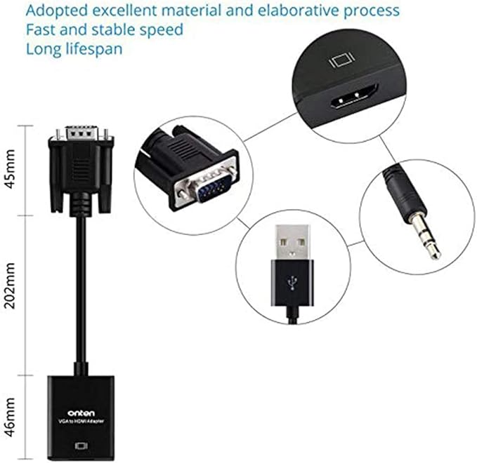 ONTEN VGA to HDMI, 1080P Adapter (Male to Female) for Computer, Desktop, Laptop, PC, Monitor, Projector, HDTV with Audio Cable and USB Cable (1 Pcs)