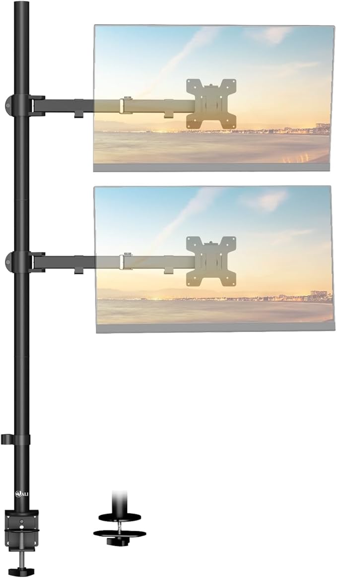 WALI Stacked Monitor Mount, Dual Monitor Stand Vertical for 2 Computer Screens Max 27'', Vertical Monitor Mount for Desk Holds up to 22lbs with Mounting Holes 75/100mm (M12XXL), Black