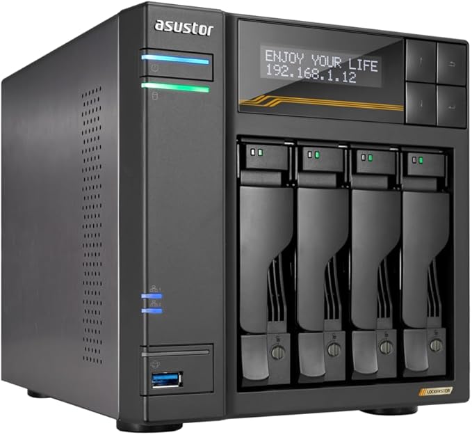 Asustor Lockerstor 4 Gen3 AS6804T, 4 Bay NAS, AMD Ryzen Quad-Core 2.3GHz, 16GB ECC DDR5, 4 M.2 NVMe Slots, Dual 5GbE & 10GbE Port, Network Attached Storage for Video & Content Creators (Diskless)