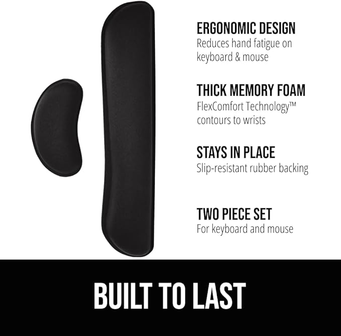 GORILLA GRIP Silky Memory Foam Wrist Rest for Computer Keyboard, Mouse, Ergonomic Design for Typing Pain Relief, Desk Pads Support Hand and Arm, Mousepad Rests, Stain Resistant, 2 Piece Pad, Black