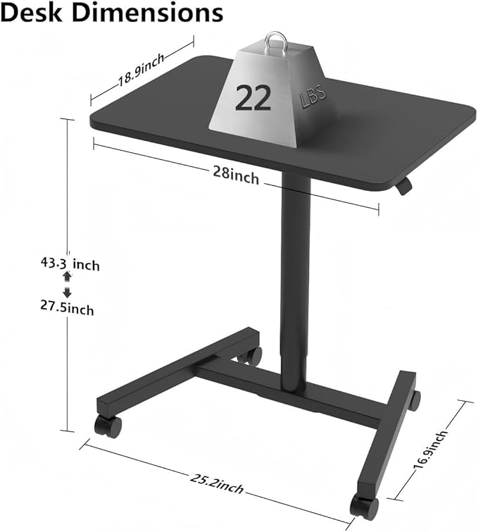 28-Inch Mobile Standing Desk, Computer Workstations with Cup Holder, Portable Standing Desk with Lockable Wheels, Rolling Table for Home Office Classroom Hospital (Jet - Black)