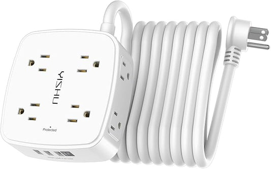 15 Ft Surge Protector Power Strip - 8 Widely Outlets with 4 USB Ports, 3 Side Outlet Extender with 15 Feet Extension Cord, Flat Plug, Wall Mount, Desk USB Charging Station, ETL, White