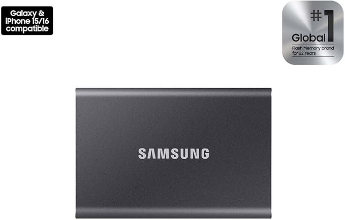 Samsung T7 Portable SSD, 2TB External Solid State Drive, Speeds Up to 1,050MB/s, USB 3.2 Gen 2, Reliable Storage for Gaming, Students, Professionals, MU-PC2T0T/AM, Gray