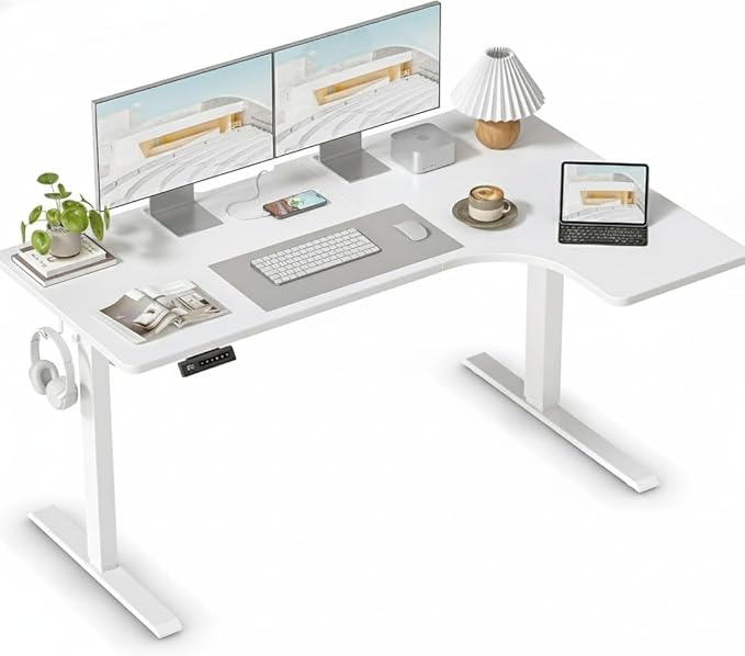 FEZIBO 55×32 inch L Shaped Electric Corner Standing Desk, 4 Memory Height Settings,Home Office & Computer Height Adjustable Table, Ergonomic Sit and Stand Up Workstation with Splice Board,White Top
