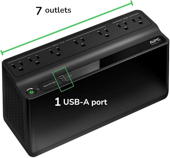 APC UPS 600VA / 330W UPS Battery Backup & Surge Protector, 7 Outlets (NEMA 5-15R), USB Charging Port, BE600M1 Uninterruptible Power Supply for Computers, Wi-Fi Routers, and Home Office Electronics