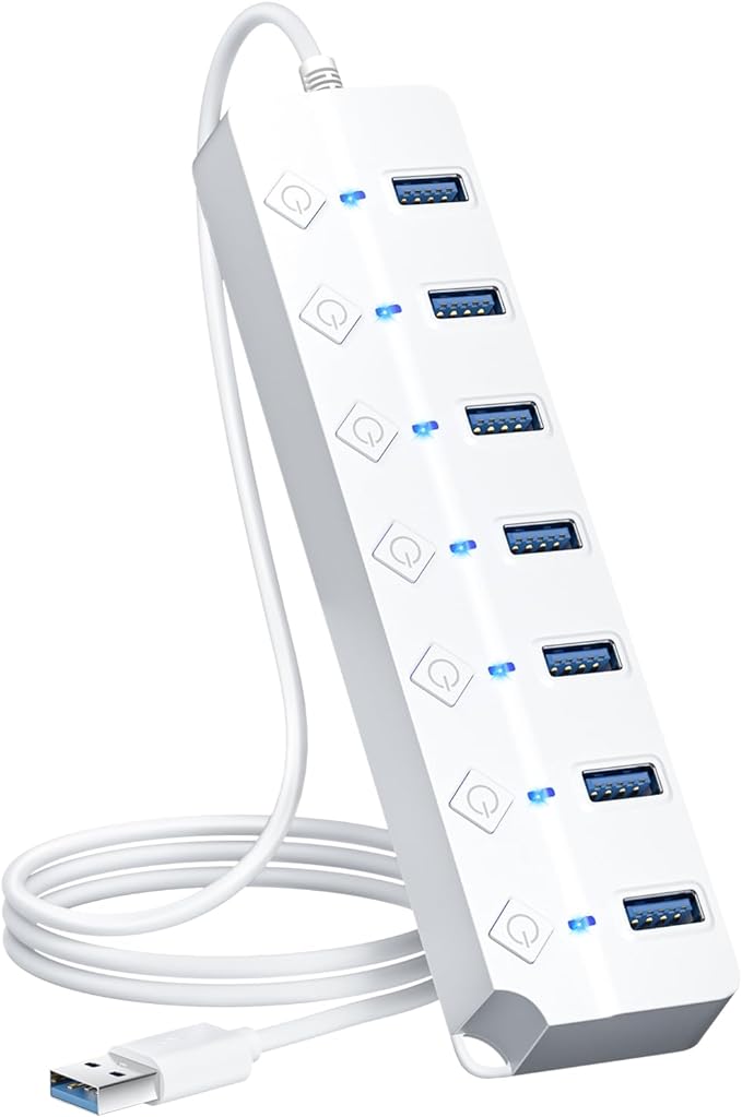 USB Hub 3.0, 7-Port USB Hub Splitter with Individual On/Off Switches and Lights, 3.2ft/1m Long Cable Compatible with MacBook, Laptop, Surface Pro, PS4, PC, Flash Drive, Mobile HDD-White